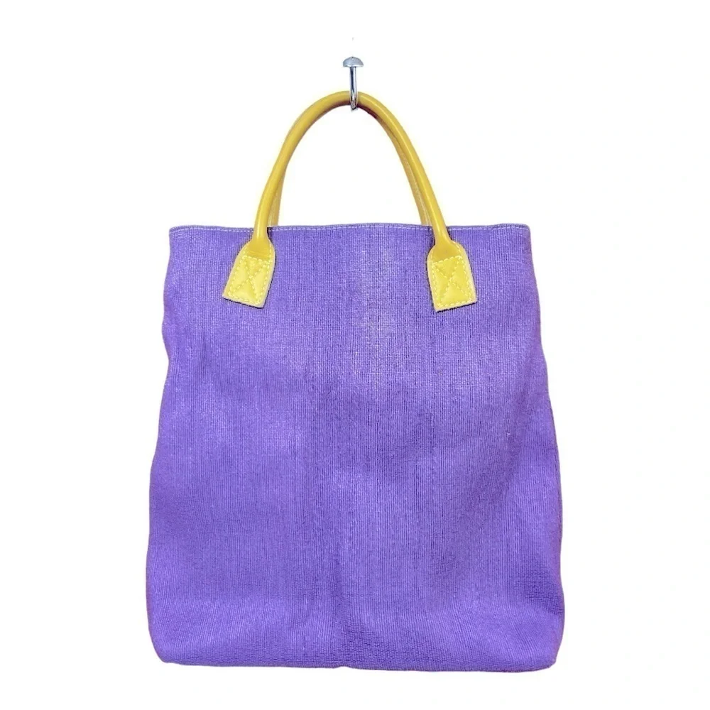 Jute and leather Purple tote bag with leather handle and flowers
